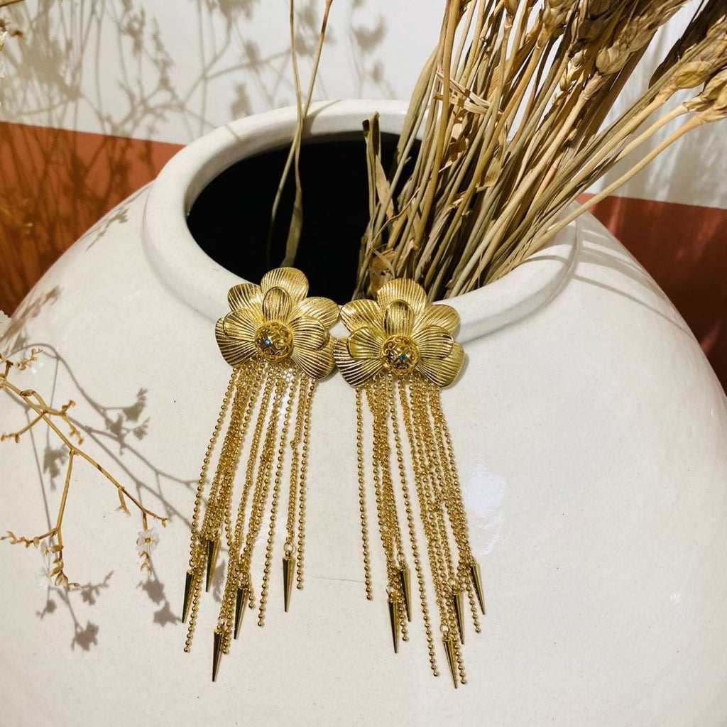 Gold Pointed Ball <br/> Fringe Flower <br/> Earrings