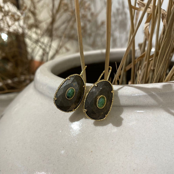 Teardrop & Hook Earrings <br/> Oval Stone Pyrite