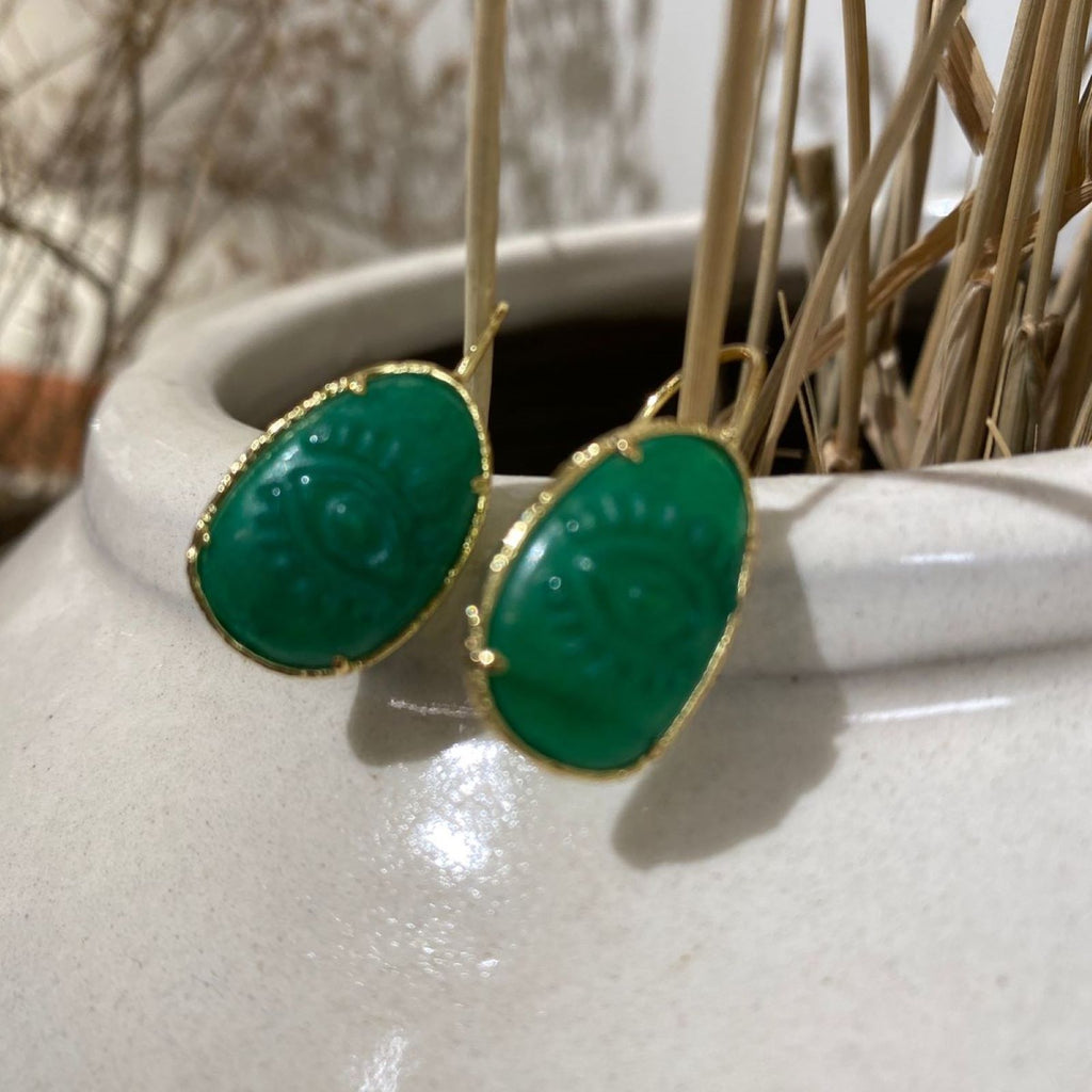 Matte Teardrop Hook Earrings <br/> Eyestone Green Agate