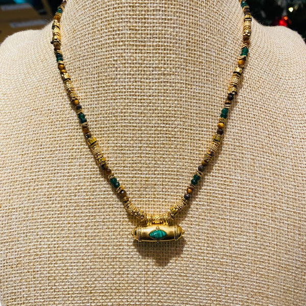 Beaded Wire Necklace <br/> Size M <br/> Malachite Cylinder - A